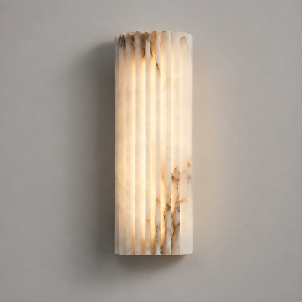 Alabaster Wall Sconce, Ribbed Shade, Metal Frame, Integrated LED Warm Light 0