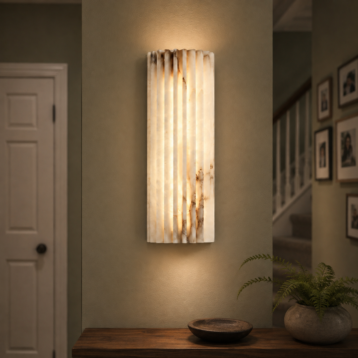 Alabaster Wall Sconce, Ribbed Shade, Metal Frame, Integrated LED Warm Light 1