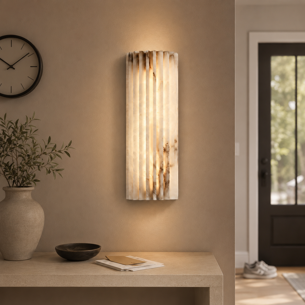 Alabaster Wall Sconce, Ribbed Shade, Metal Frame, Integrated LED Warm Light 2