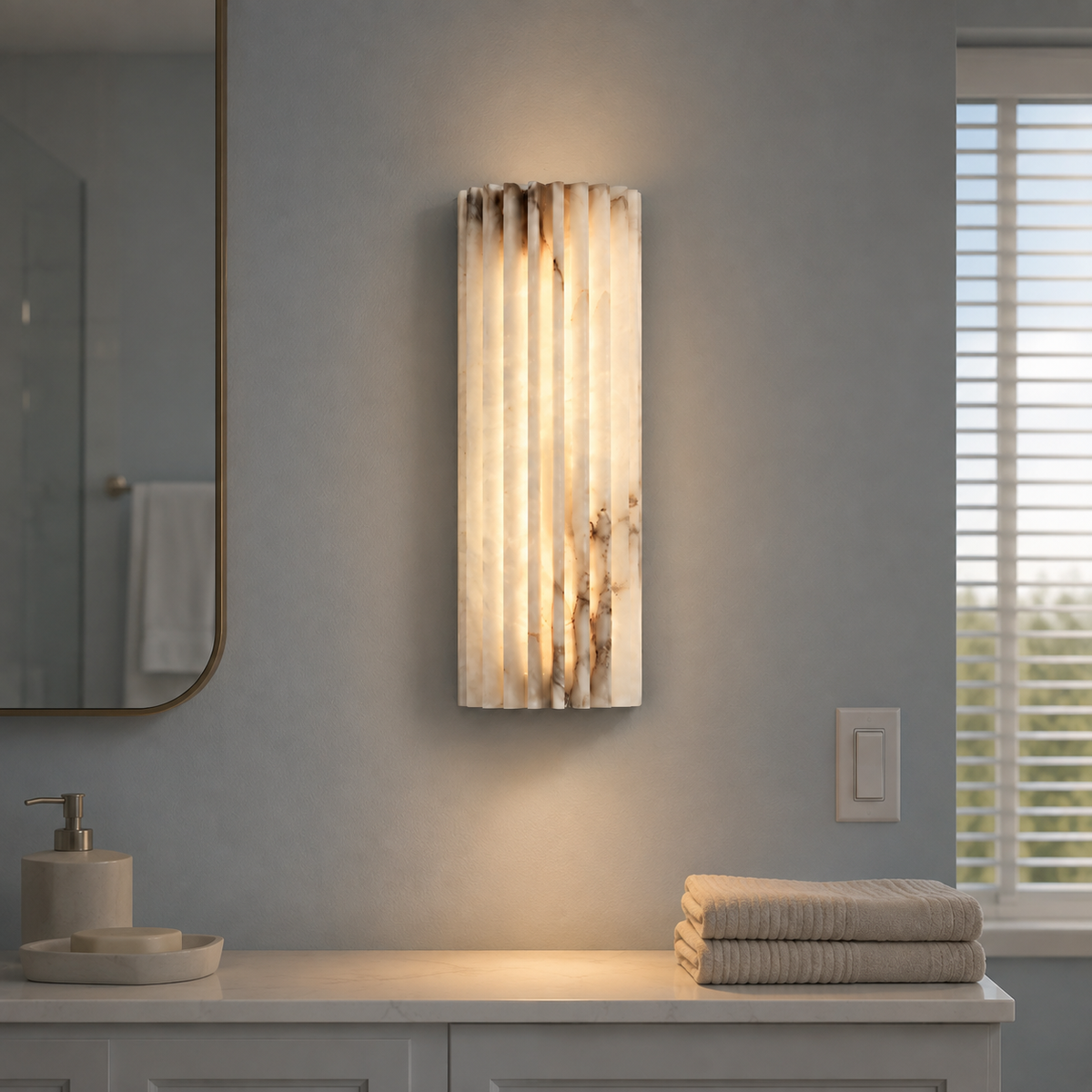 Alabaster Wall Sconce, Ribbed Shade, Metal Frame, Integrated LED Warm Light 3