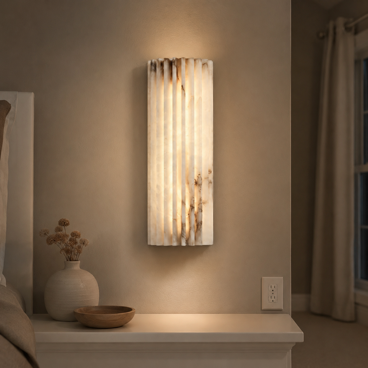 Alabaster Wall Sconce, Ribbed Shade, Metal Frame, Integrated LED Warm Light 4