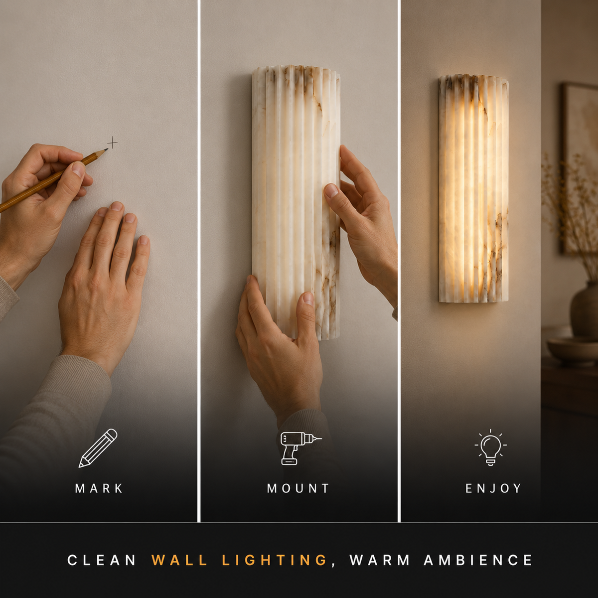 Alabaster Wall Sconce, Ribbed Shade, Metal Frame, Integrated LED Warm Light 6