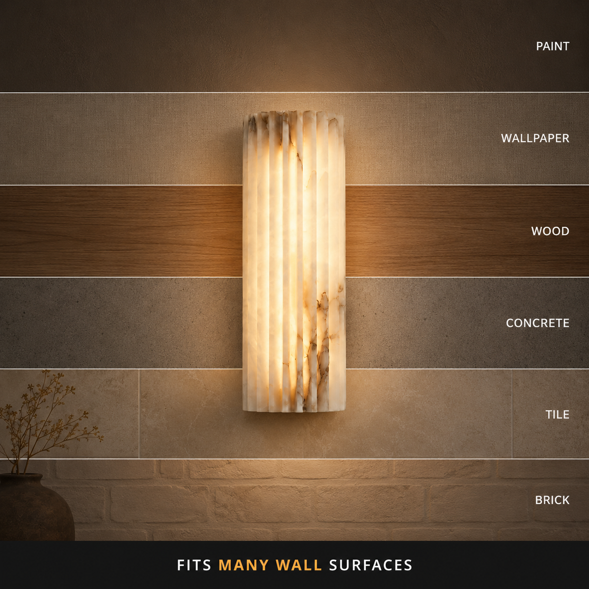 Alabaster Wall Sconce, Ribbed Shade, Metal Frame, Integrated LED Warm Light 7