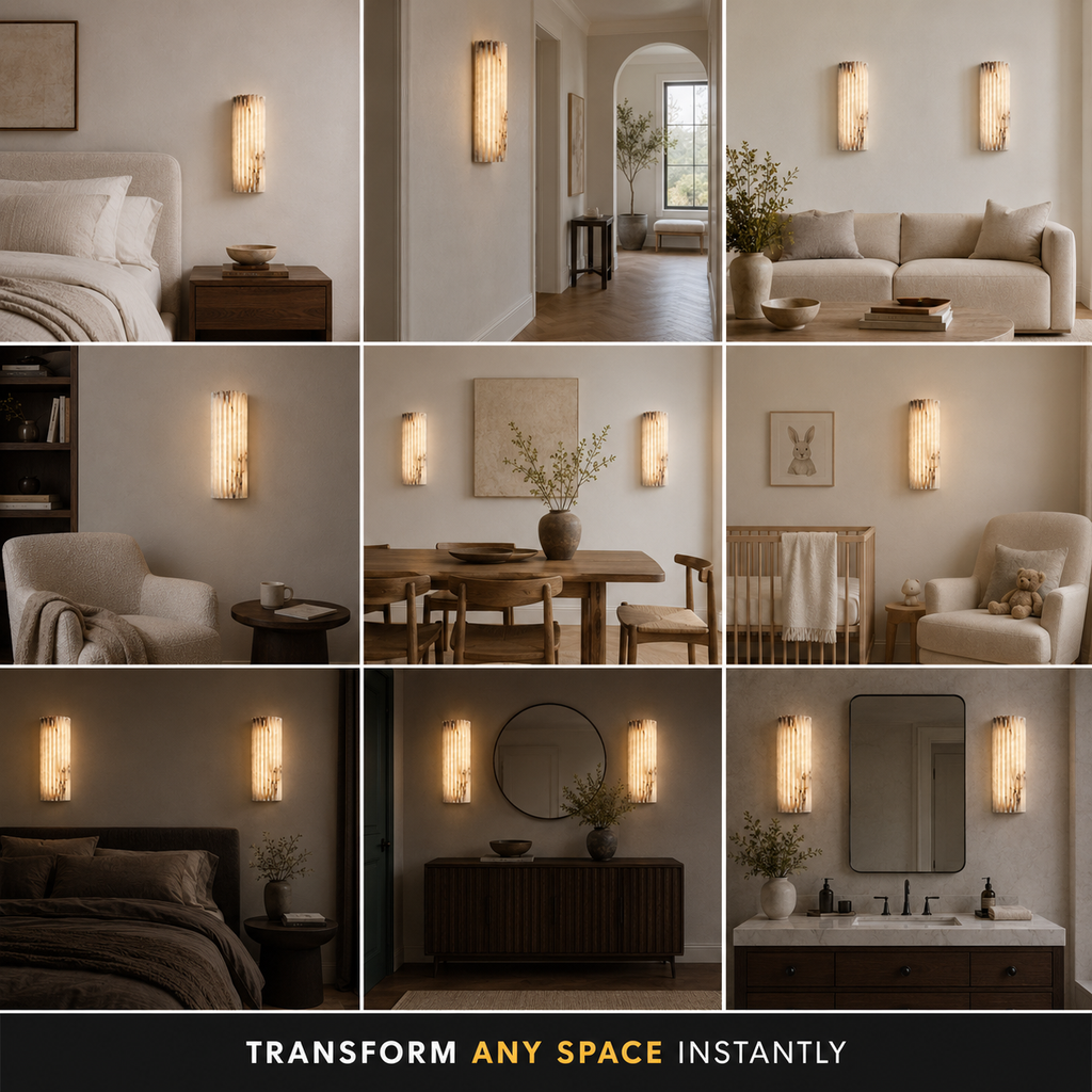 Alabaster Wall Sconce, Ribbed Shade, Metal Frame, Integrated LED Warm Light 8
