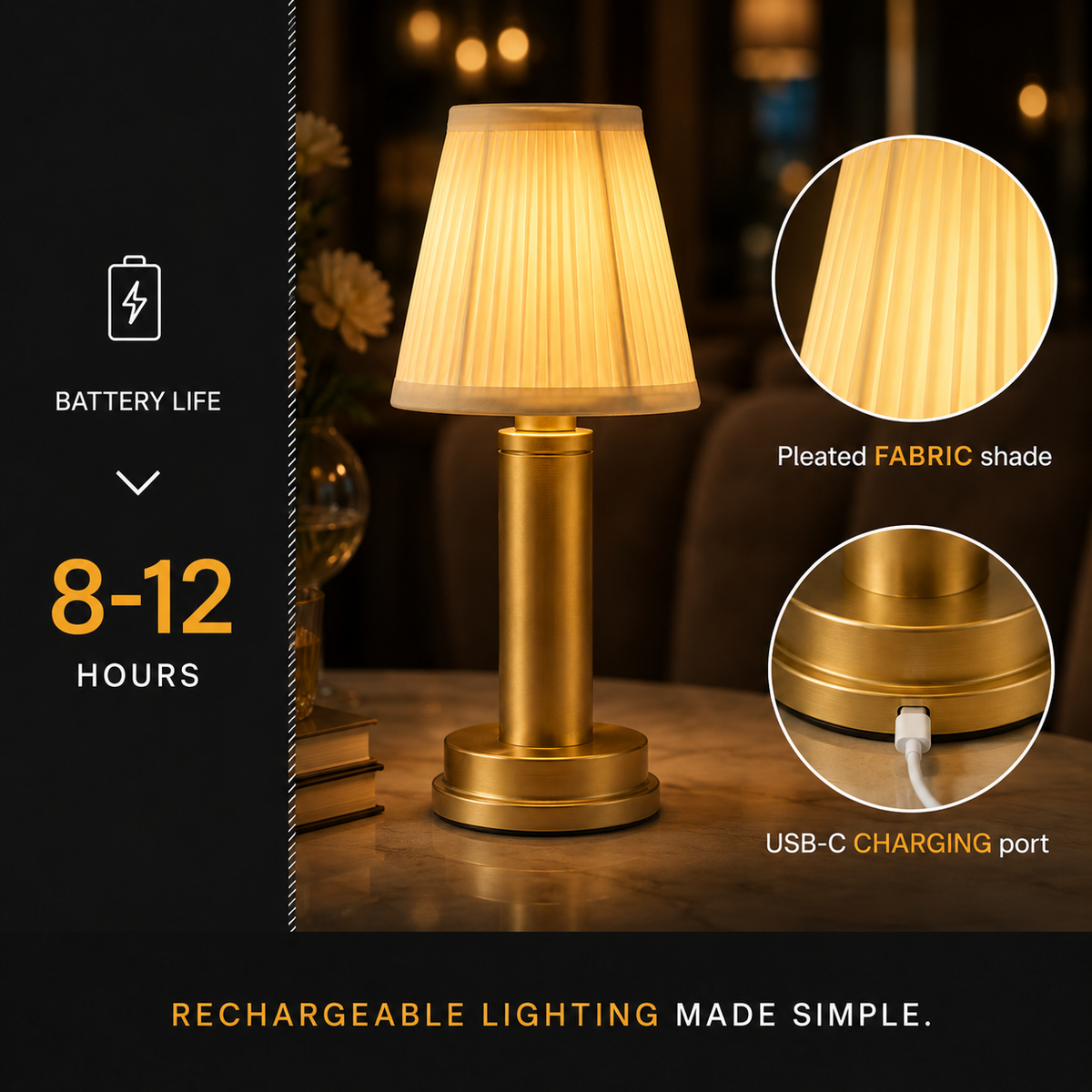Bedside Table Lamp, Cordless Rechargeable Design, Aluminum Alloy And Fabric, Three Color Temperatures 8