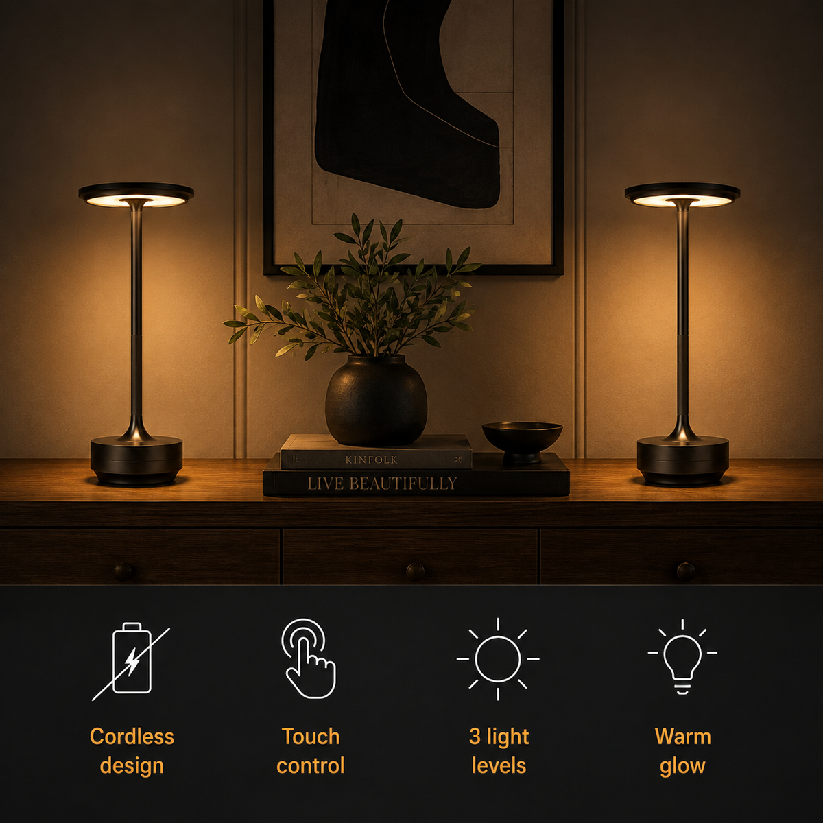 Bedside Table Lamp, Wireless Rechargeable Design, Metal, Touch Control, Dimmable LED Lighting 8