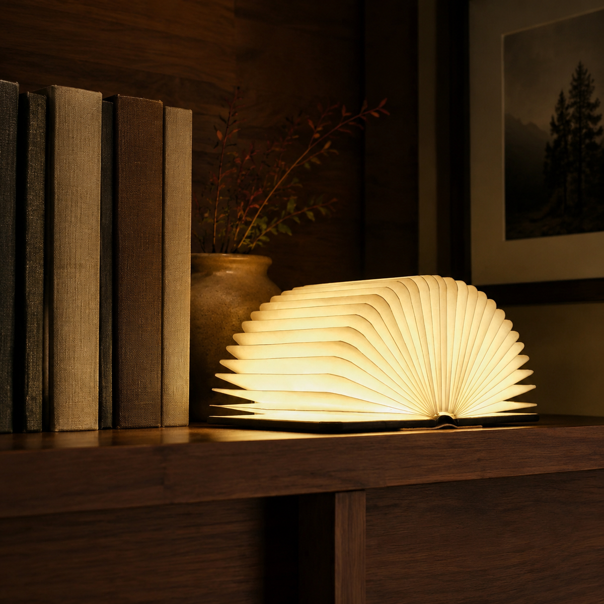 Book Lamp | 360 Degree Foldable Rechargeable Light, Wood And Paper, Natural 0