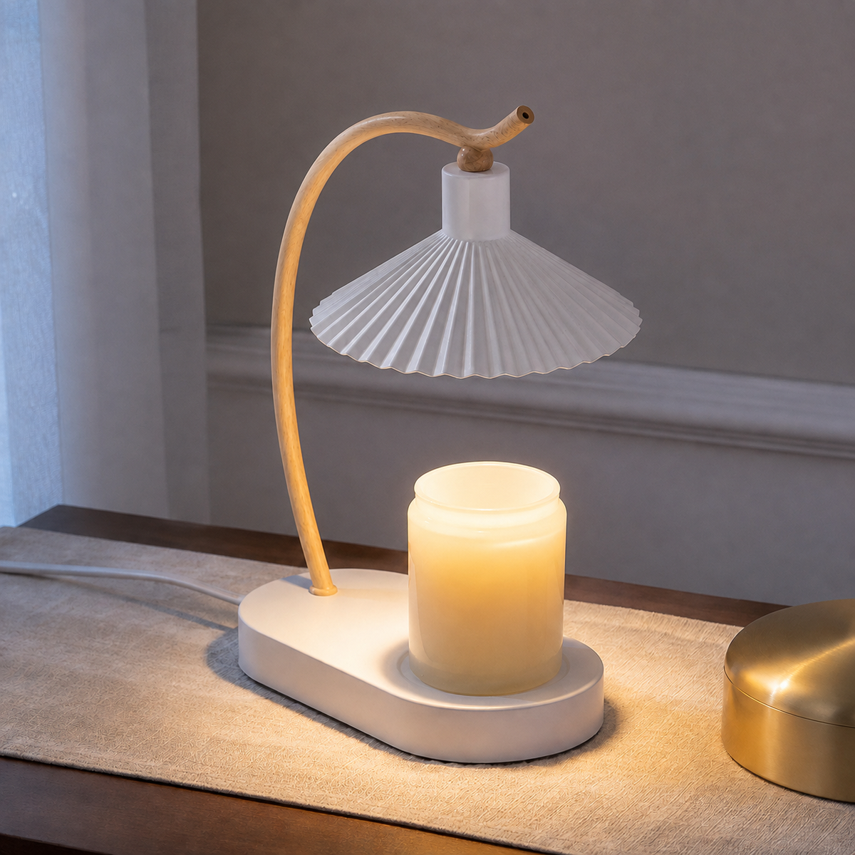 Candle Warmer Lamp | Curved Wood Accent, Pleated Metal Shade, Black Or White 0