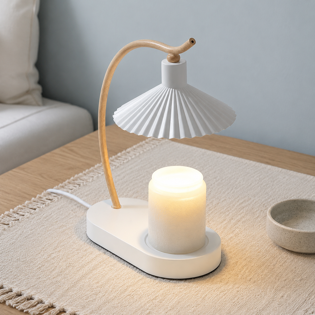 Candle Warmer Lamp | Curved Wood Accent, Pleated Metal Shade, Black Or White 2