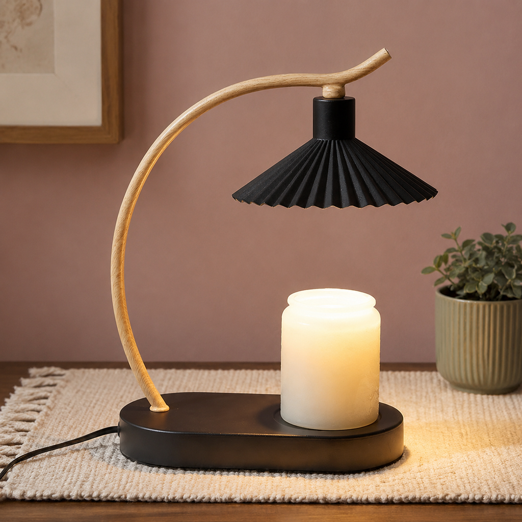 Candle Warmer Lamp | Curved Wood Accent, Pleated Metal Shade, Black Or White 3