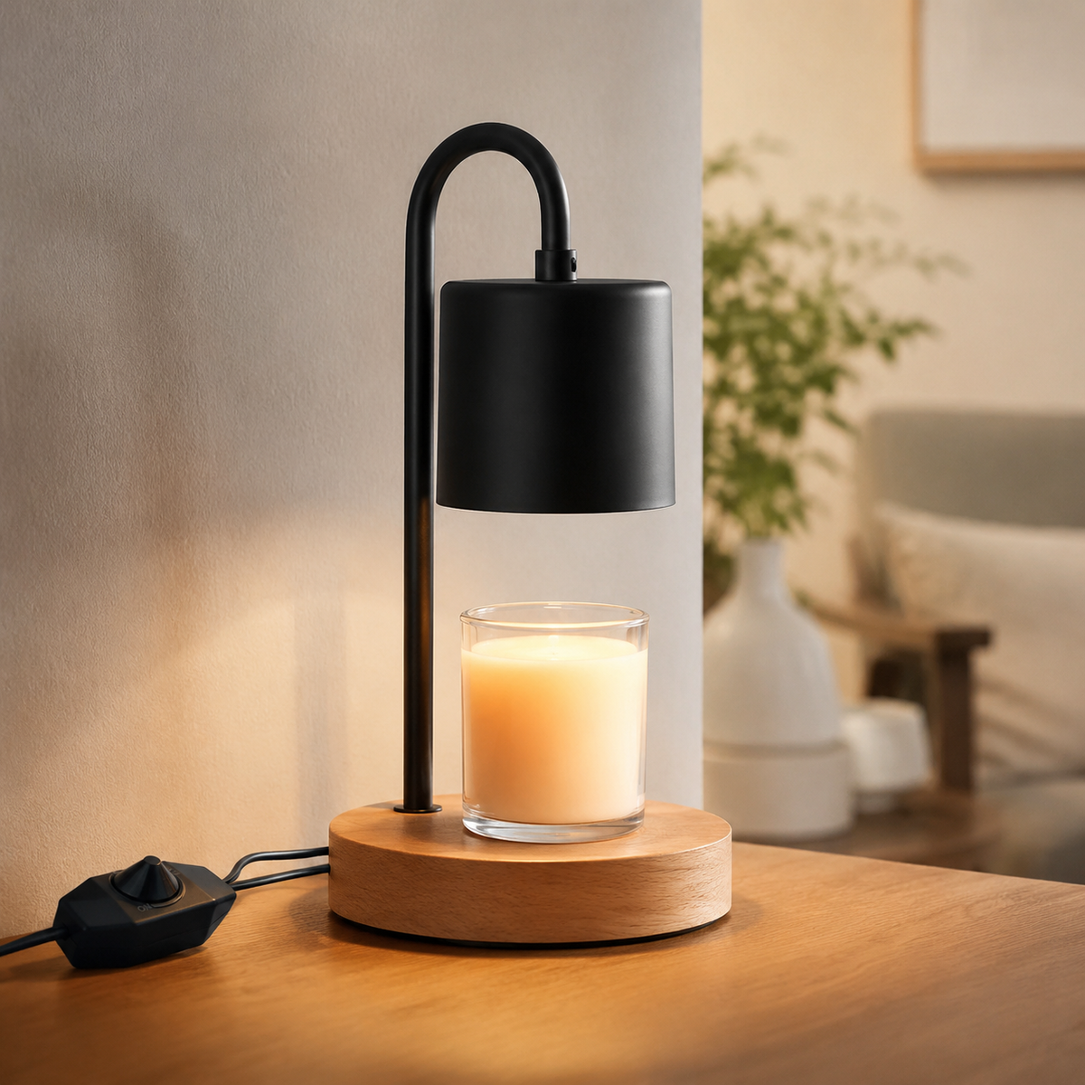 Candle Warmer Lamp | Dimmable Timer Wax Melter, Wood And Metal, Black Or White 4