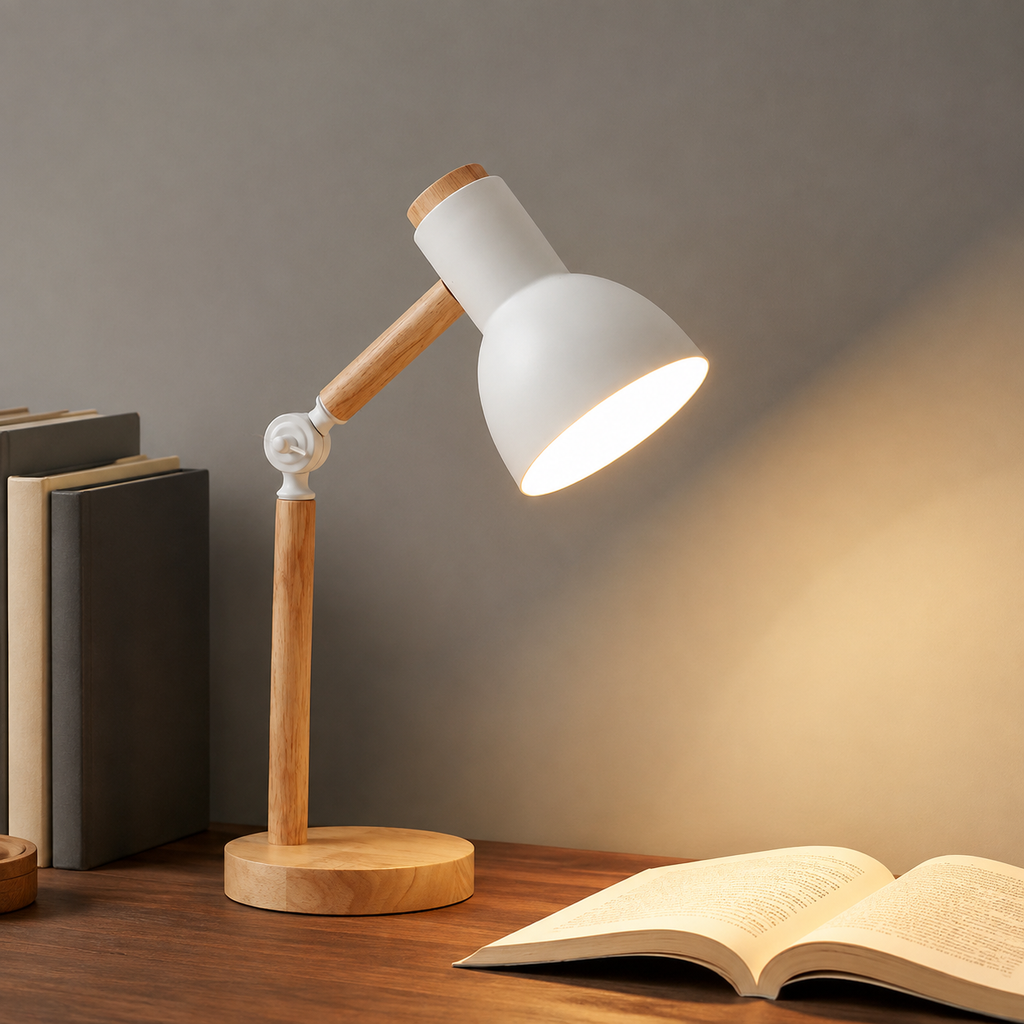 Desk Lamp | Adjustable Cone Shade Task Light, Rubberwood And Metal 0