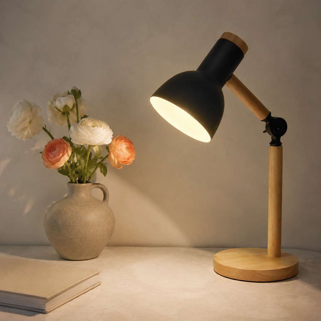Desk Lamp | Adjustable Cone Shade Task Light, Rubberwood And Metal 6