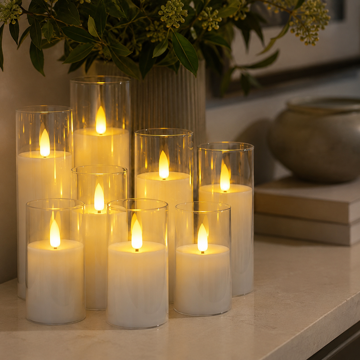 Flameless Candles | 9 Piece Acrylic LED Set, Remote And Timer, Clear 0