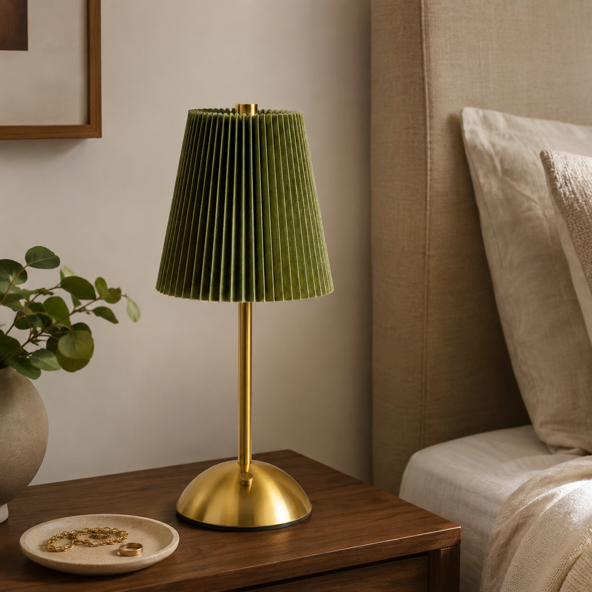 Green Pleated Fabric Table Lamp – Touch Control, Brass-Tone Base 2