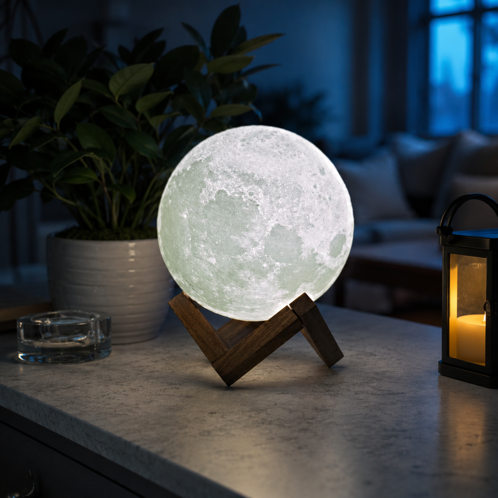 Moon Table Lamp, Rechargeable 3D Printed Lunar Design, ABS And PVC, White 0