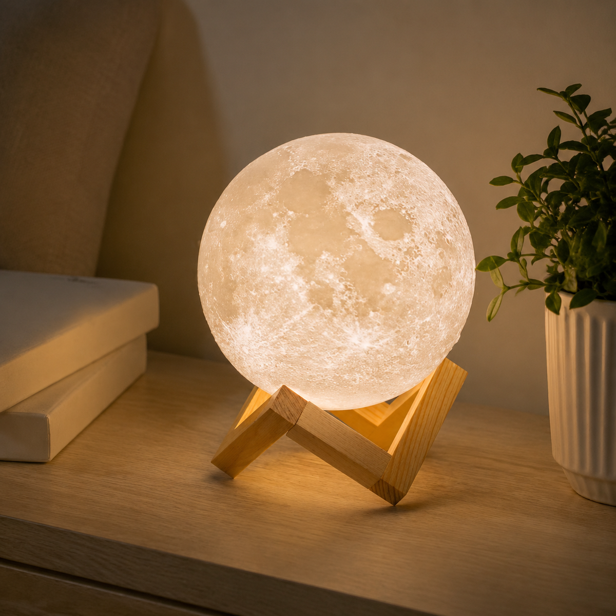 Moon Table Lamp, Rechargeable 3D Printed Lunar Design, ABS And PVC, White 6