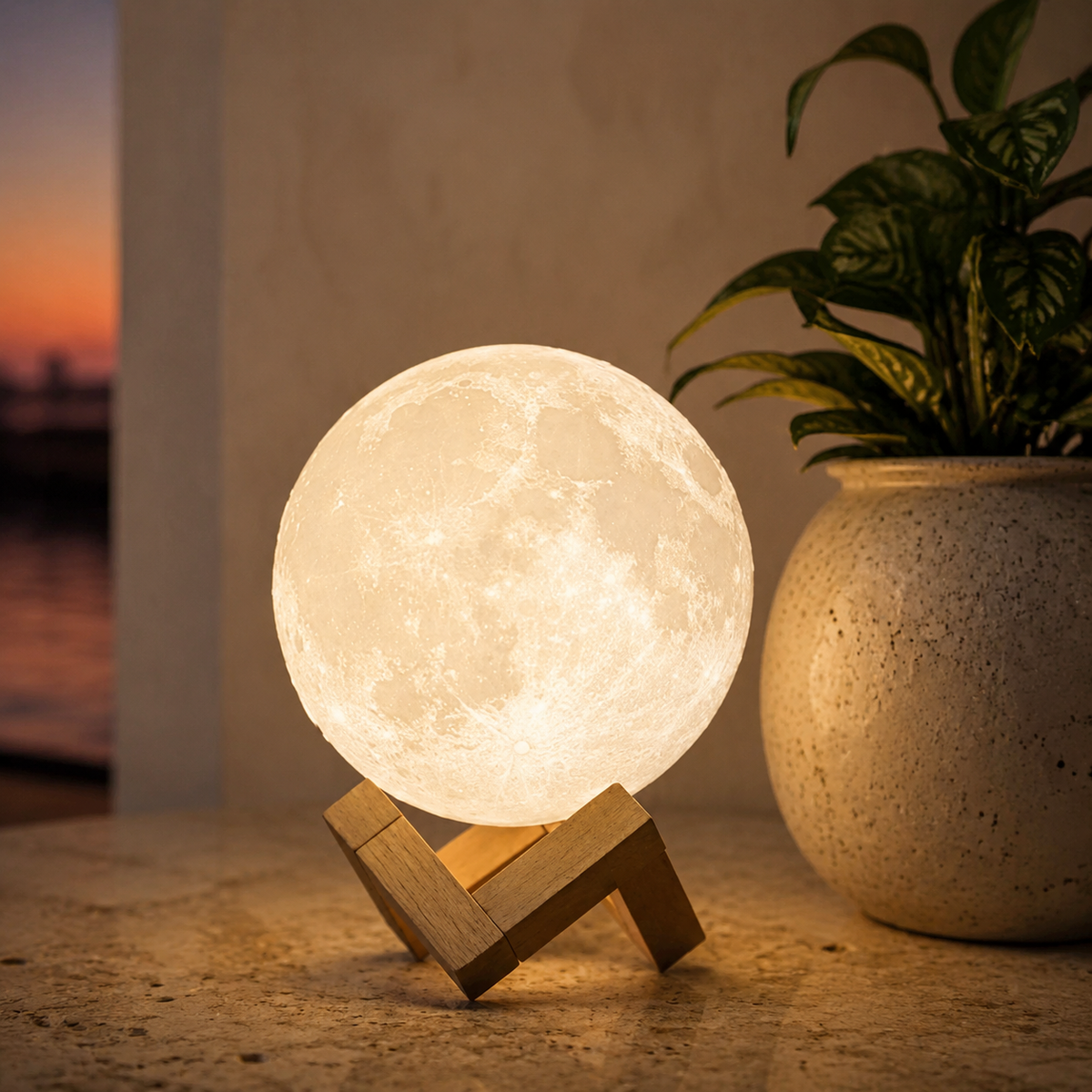 Moon Table Lamp, Rechargeable 3D Printed Lunar Design, ABS And PVC, White 7