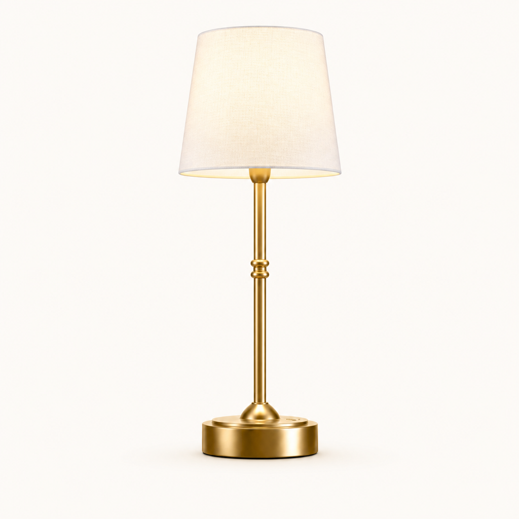 Rechargeable Table Lamp, Compact Design, Gold Color, White Shade, E12 LED Light 0