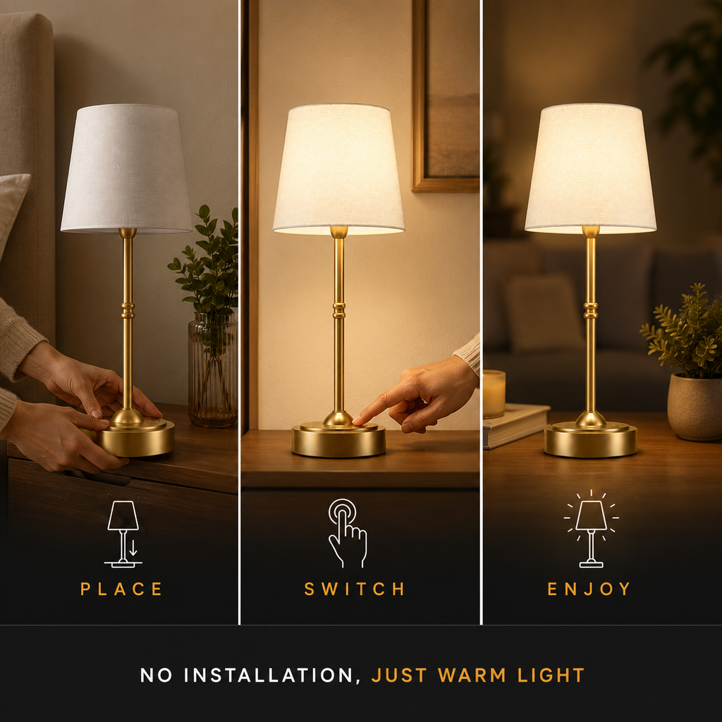 Rechargeable Table Lamp, Compact Design, Gold Color, White Shade, E12 LED Light 3