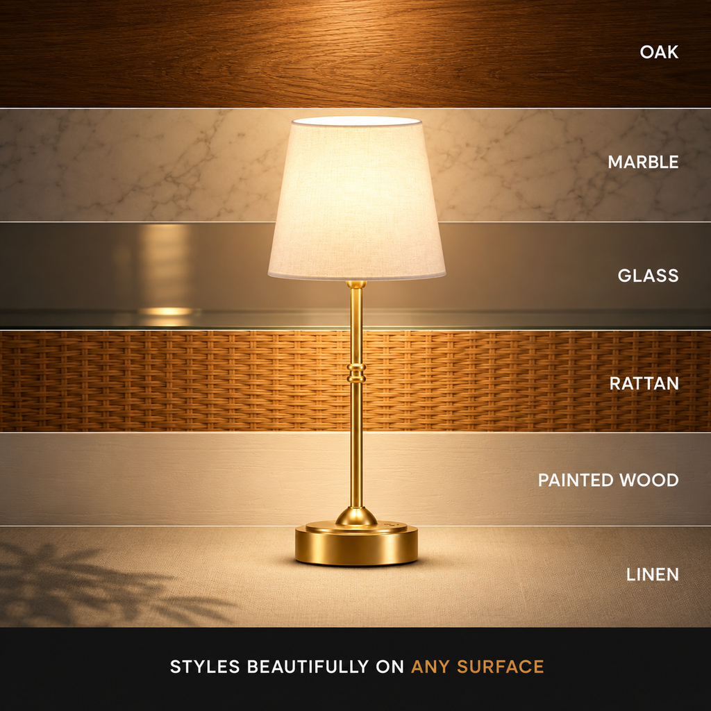 Rechargeable Table Lamp, Compact Design, Gold Color, White Shade, E12 LED Light 4