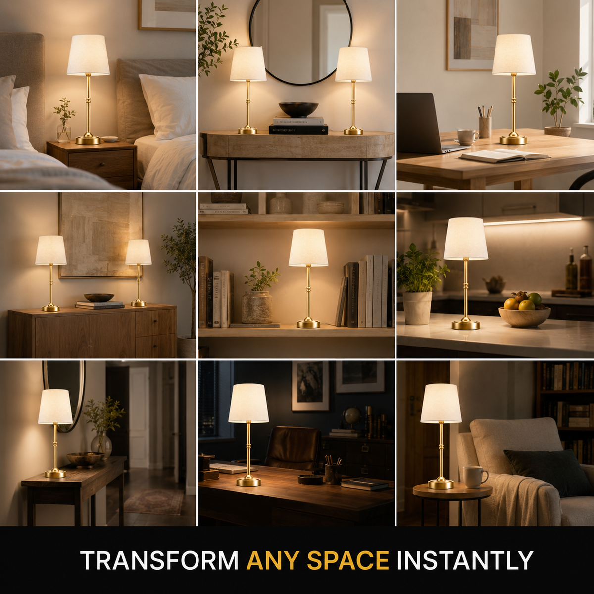 Rechargeable Table Lamp, Compact Design, Gold Color, White Shade, E12 LED Light 5