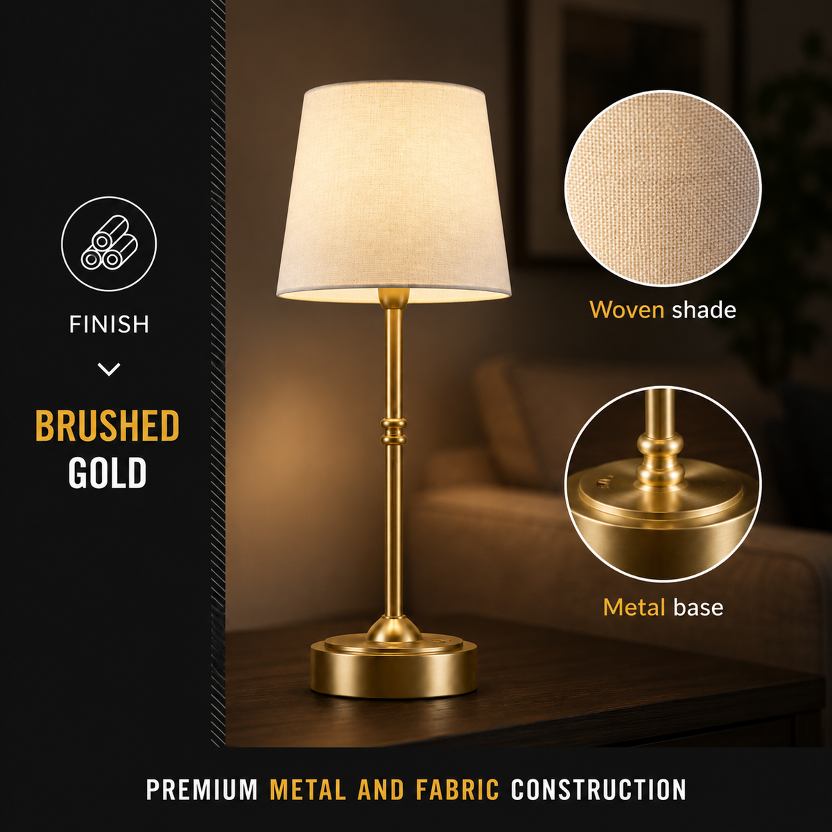 Rechargeable Table Lamp, Compact Design, Gold Color, White Shade, E12 LED Light 6