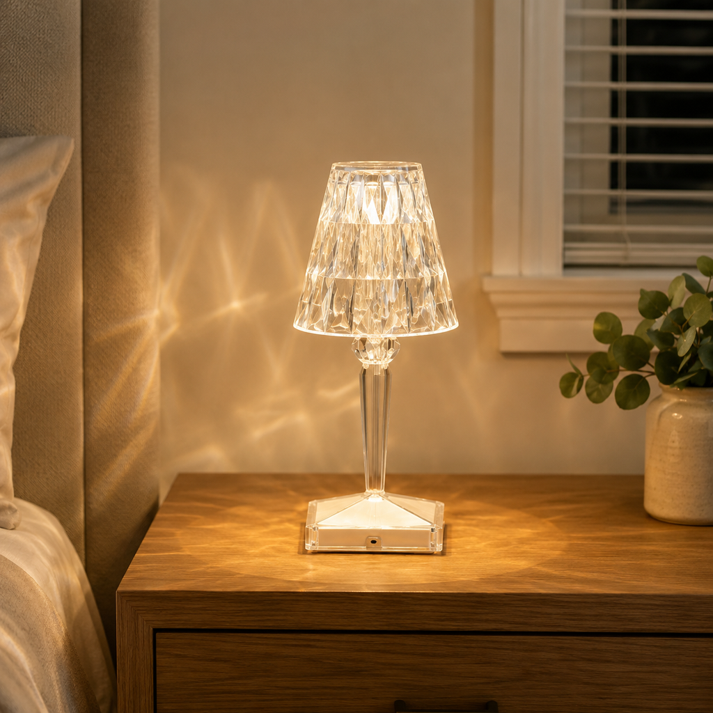 Rechargeable Table Lamp, Faceted Transparent Technopolymer, Touch Control, Three Dimmable Modes 1