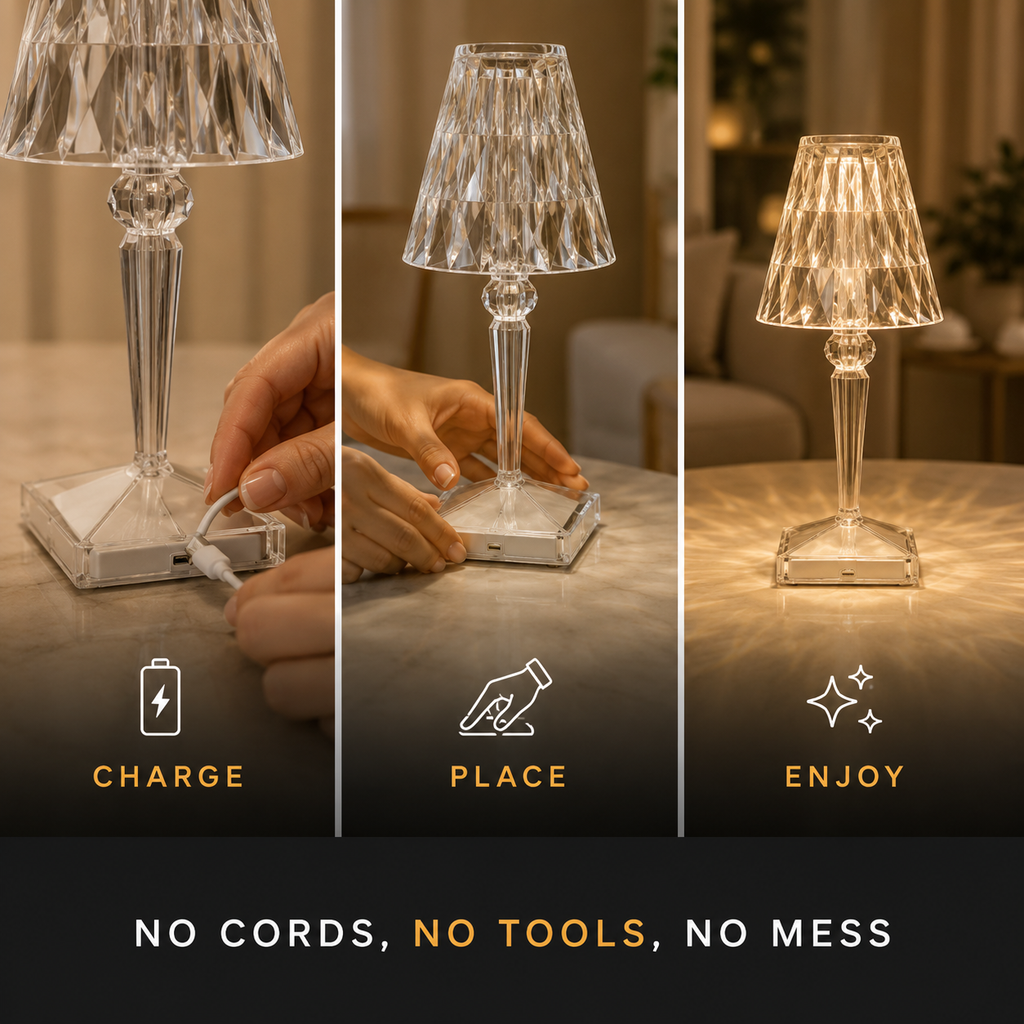 Rechargeable Table Lamp, Faceted Transparent Technopolymer, Touch Control, Three Dimmable Modes 6