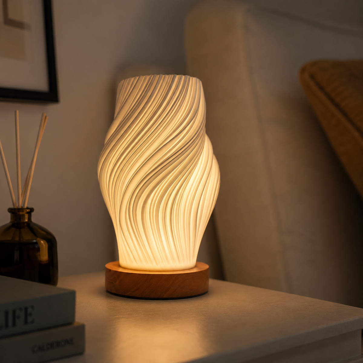 Sculptural Pleated Bedside Light with Walnut Wood Base, Warm White 2
