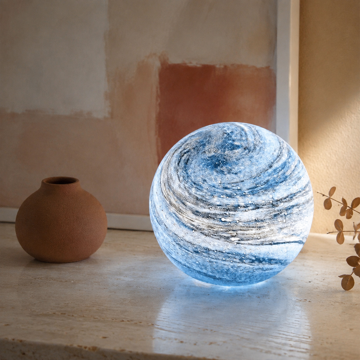 Table Lamp, Color Changing Moon Sphere Design, Glass, Brown Or Blue Finish 5