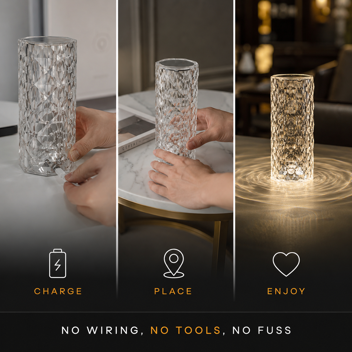 Table Lamp, Cordless Faceted Design, Transparent Technopolymer, White And RGB LED Lighting 6