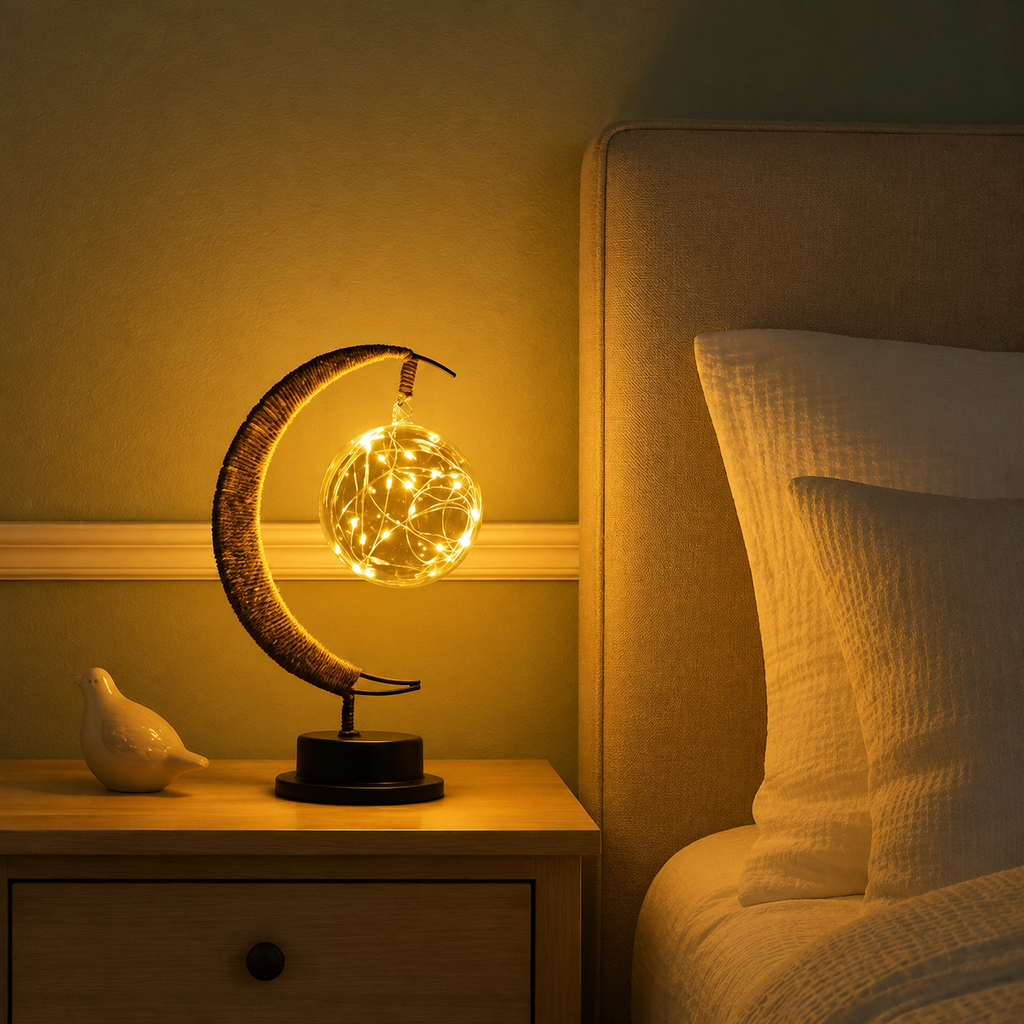 Table Lamp, Crescent Moon Hanging Globe Design, Painted Iron And Hemp, Selectable Color Light 2