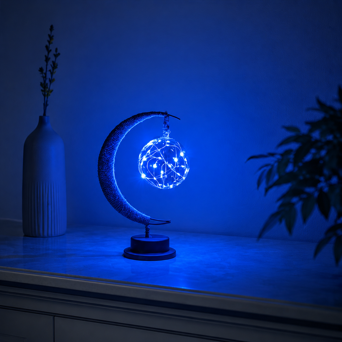 Table Lamp, Crescent Moon Hanging Globe Design, Painted Iron And Hemp, Selectable Color Light 3