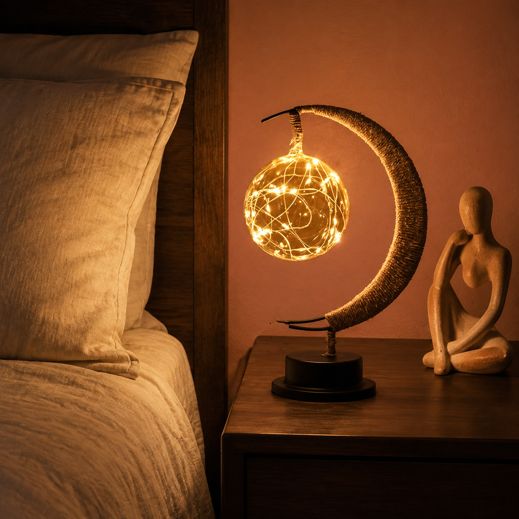 Table Lamp, Crescent Moon Hanging Globe Design, Painted Iron And Hemp, Selectable Color Light 4