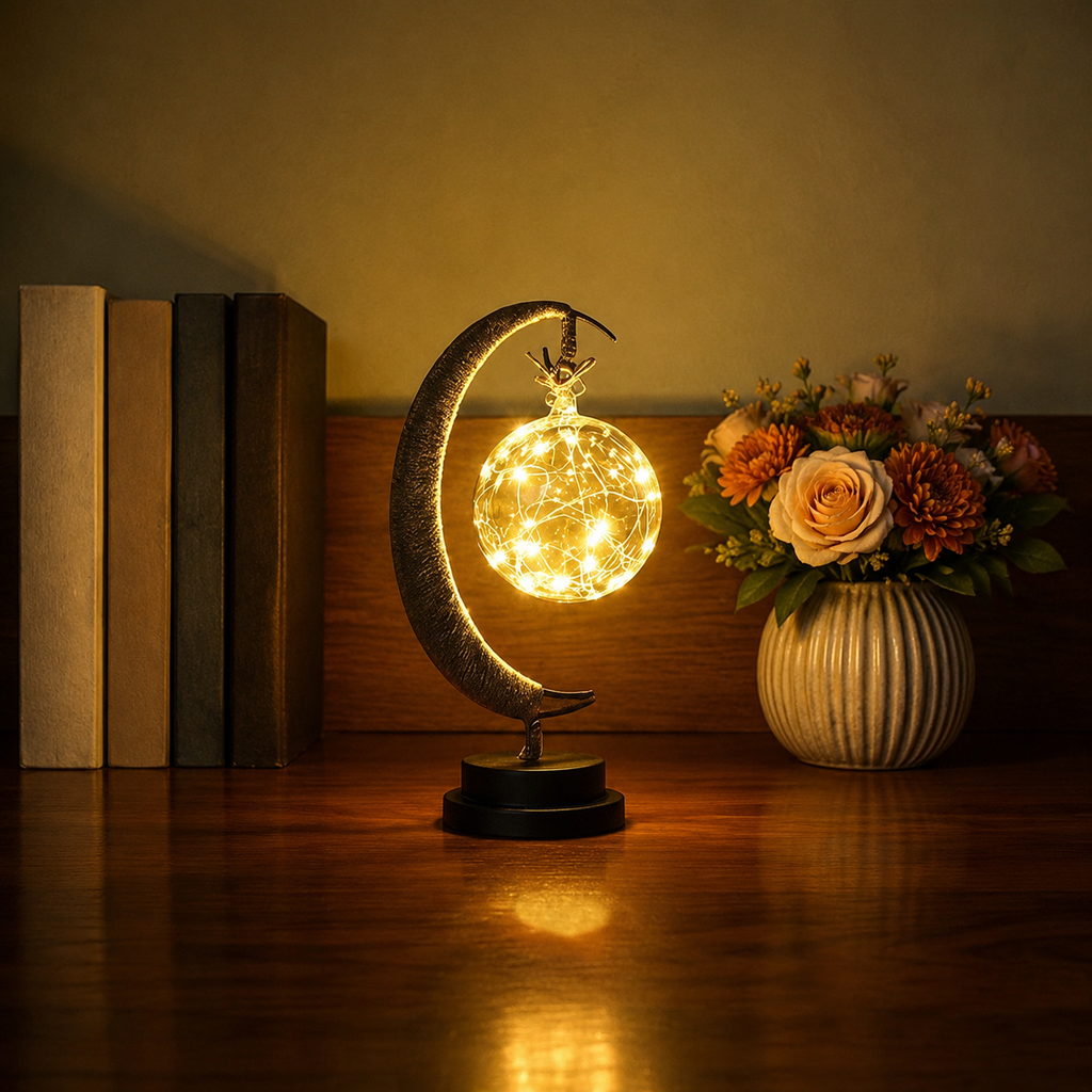 Table Lamp, Crescent Moon Hanging Globe Design, Painted Iron And Hemp, Selectable Color Light 5