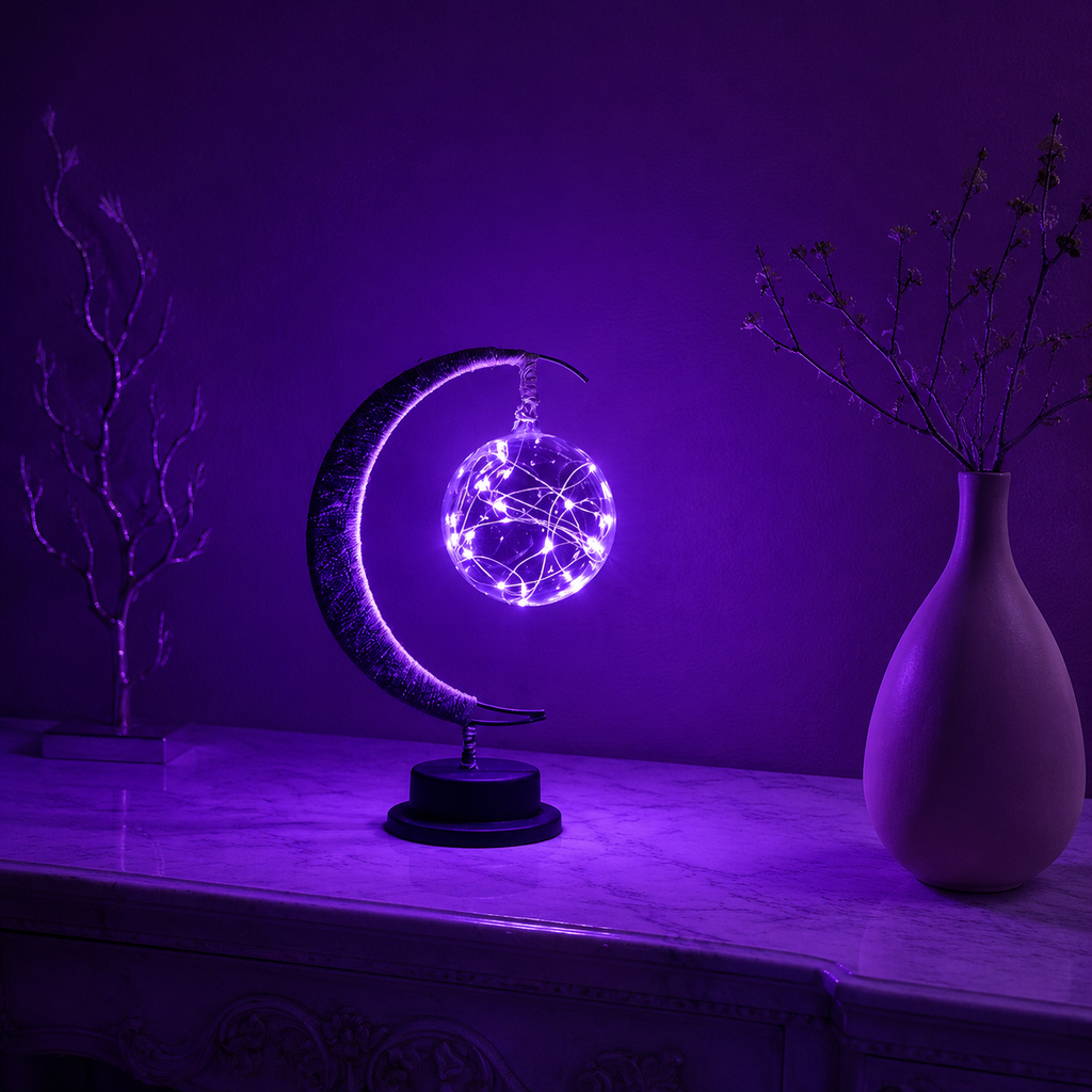 Table Lamp, Crescent Moon Hanging Globe Design, Painted Iron And Hemp, Selectable Color Light 6