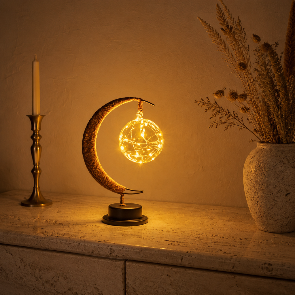 Table Lamp, Crescent Moon Hanging Globe Design, Painted Iron And Hemp, Selectable Color Light 7