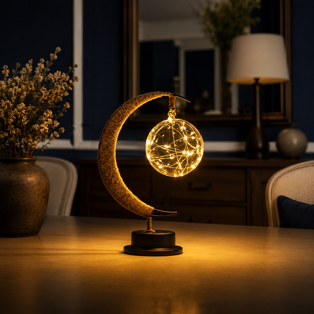 Table Lamp, Crescent Moon Hanging Globe Design, Painted Iron And Hemp, Selectable Color Light 8