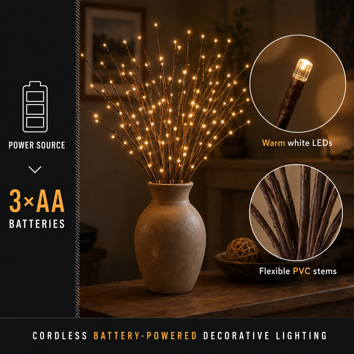 Table Lamp – Decorative LED Willow Branch Set, PVC Plastic, Warm White Battery Operated Light 6