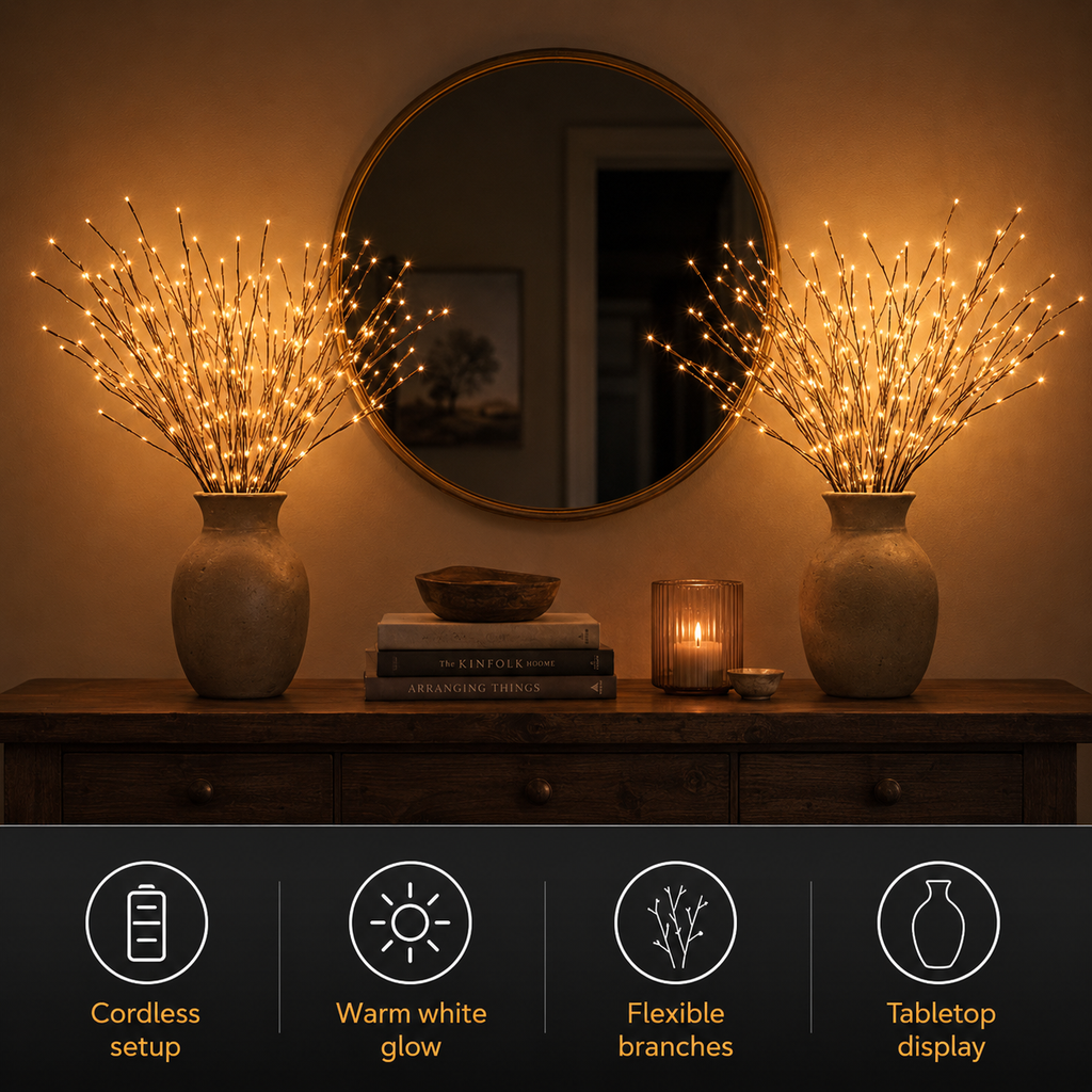 Table Lamp – Decorative LED Willow Branch Set, PVC Plastic, Warm White Battery Operated Light 7