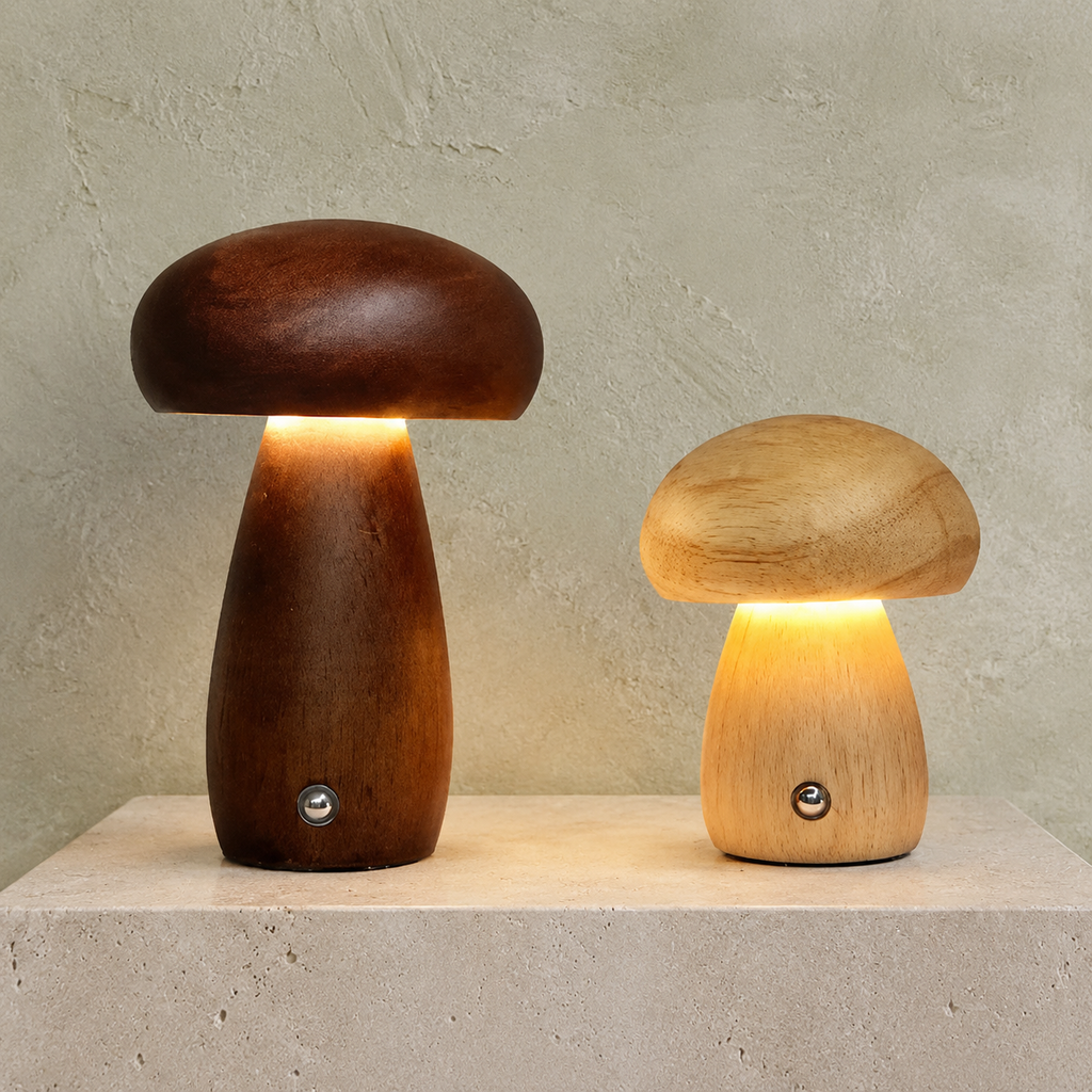 Table Lamp, Dimmable Mushroom Design, Wood, Dark Or Light Brown Finish 1