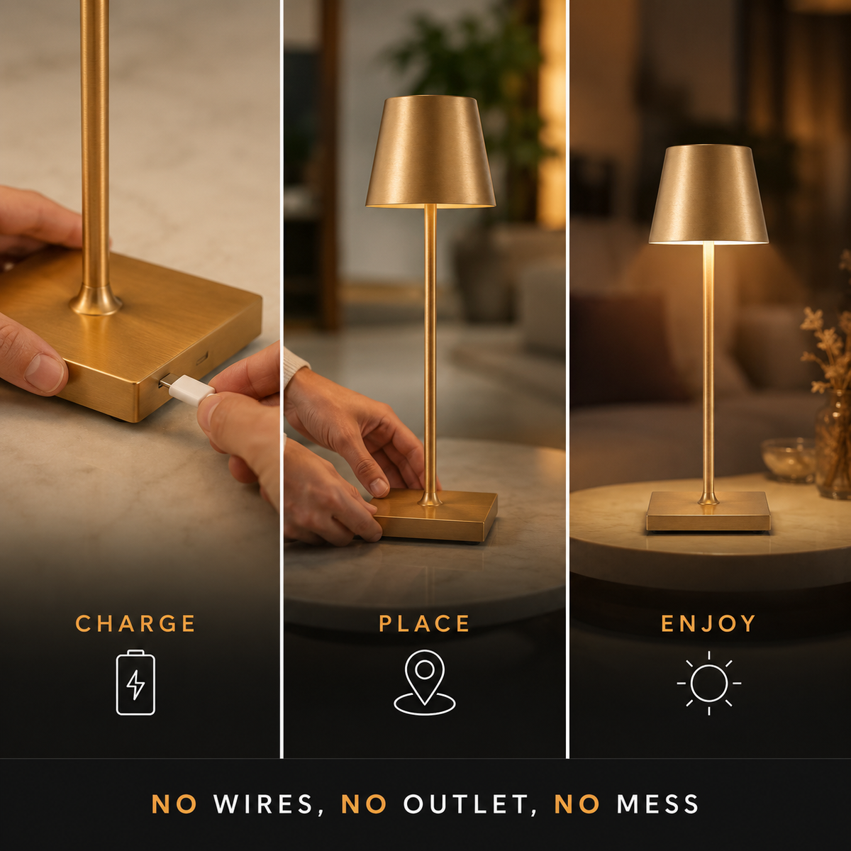 Table Lamp, Rechargeable Cordless Design, Aluminum And Acrylic, Adjustable 3000K 4000K 6000K Light 6