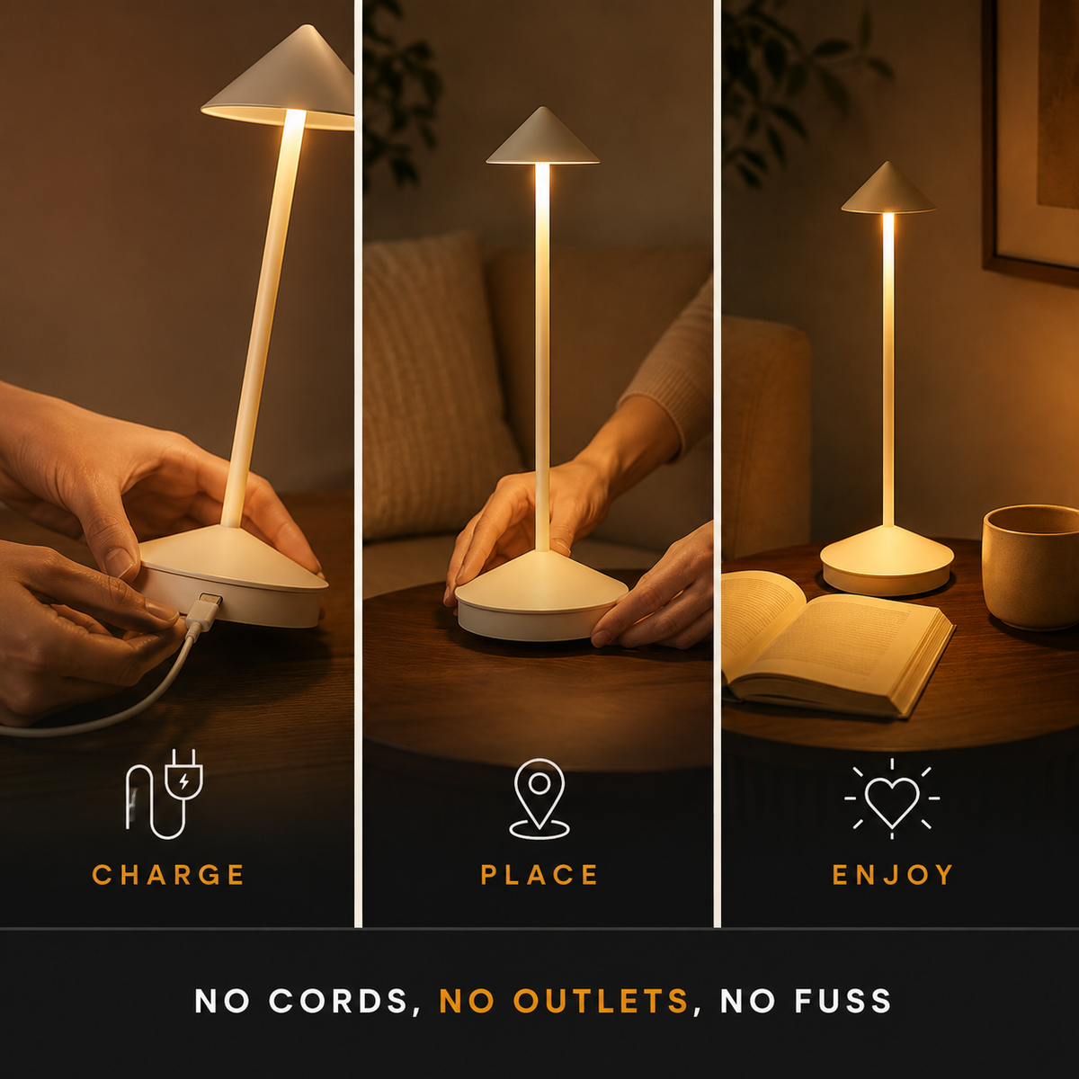 Table Lamp, Rechargeable Cordless Design, Aluminum and Polycarbonate, Warm White LED 3