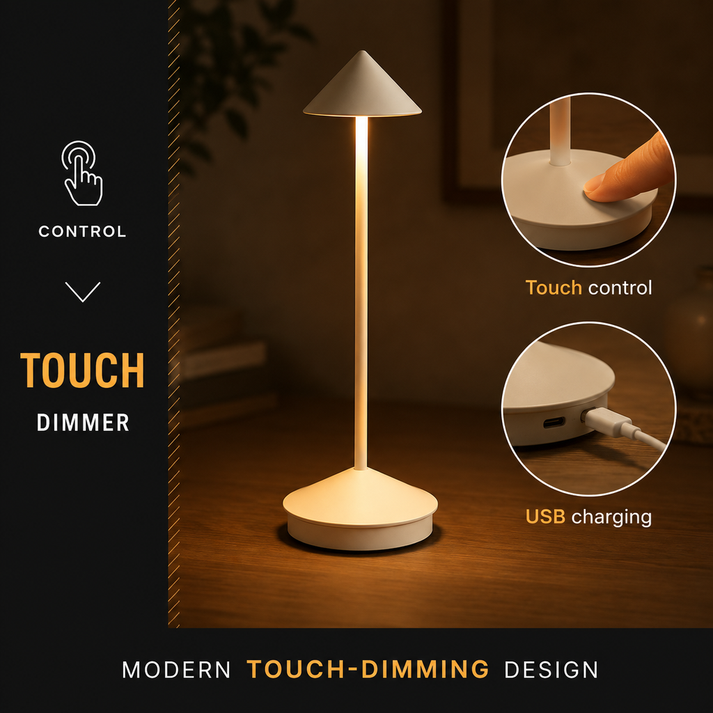 Table Lamp, Rechargeable Cordless Design, Aluminum and Polycarbonate, Warm White LED 6