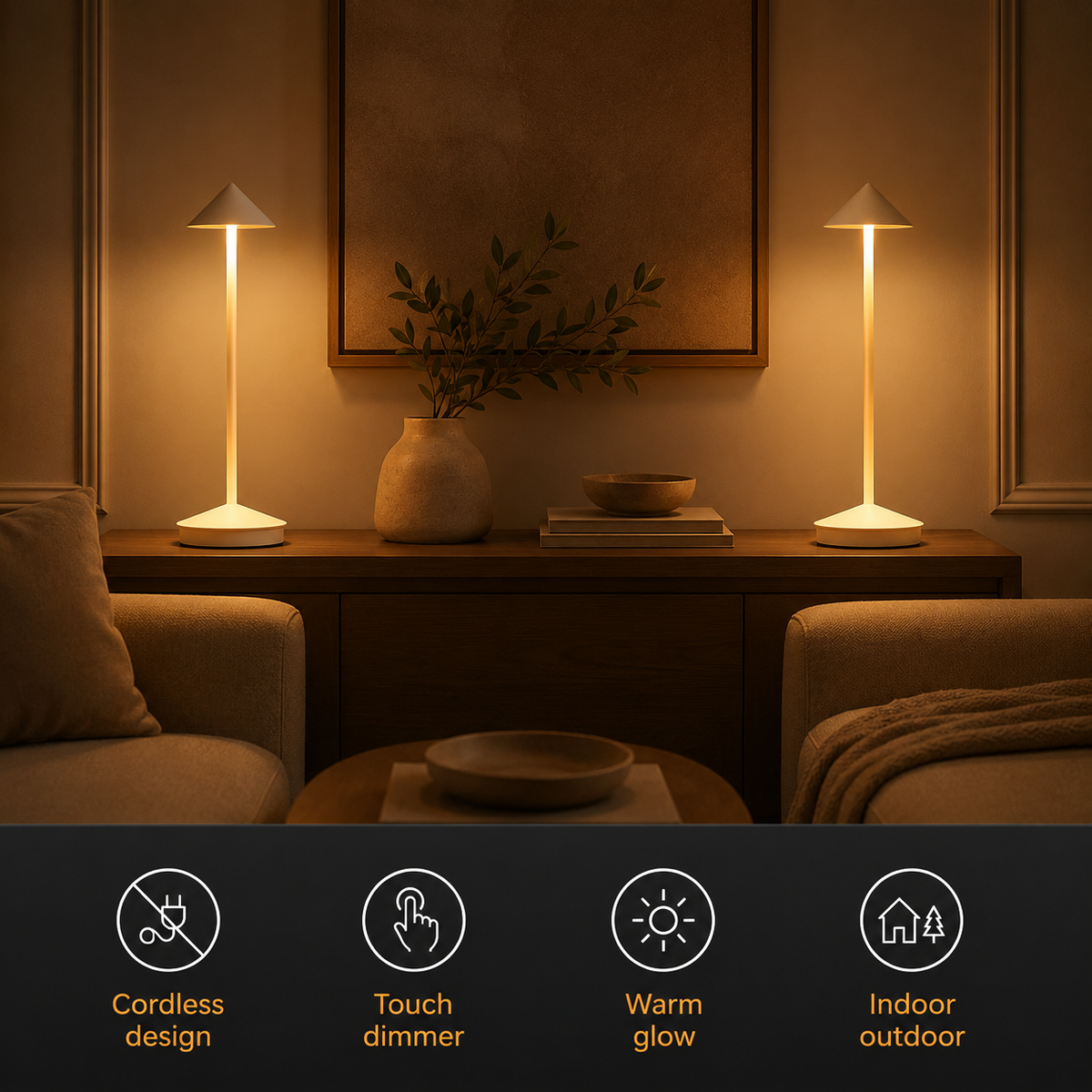Table Lamp, Rechargeable Cordless Design, Aluminum and Polycarbonate, Warm White LED 7