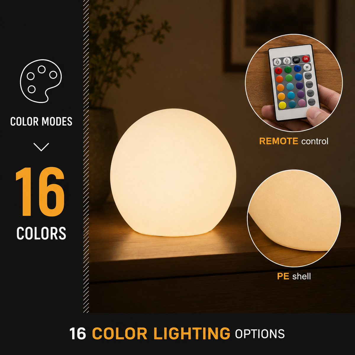 Table Lamp, Rechargeable Cordless Globe Design, Polyethylene, 16 Selectable LED Colors 6