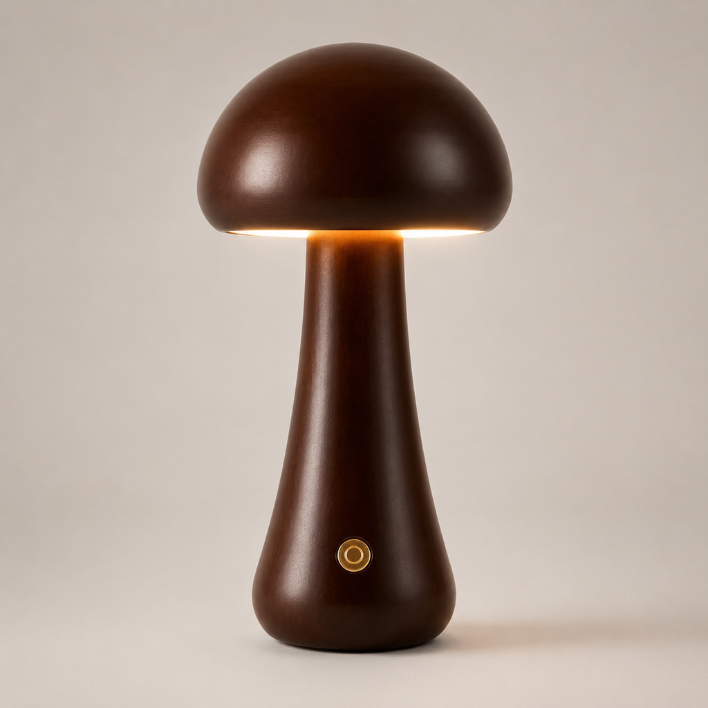 Table Lamp, Sculptural Mushroom Design, Wood And Metal, Dimmable Warm White LED 0