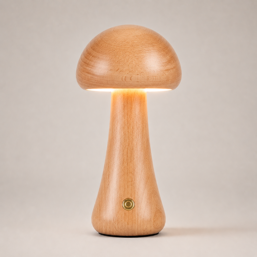 Table Lamp, Sculptural Mushroom Design, Wood And Metal, Dimmable Warm White LED 1