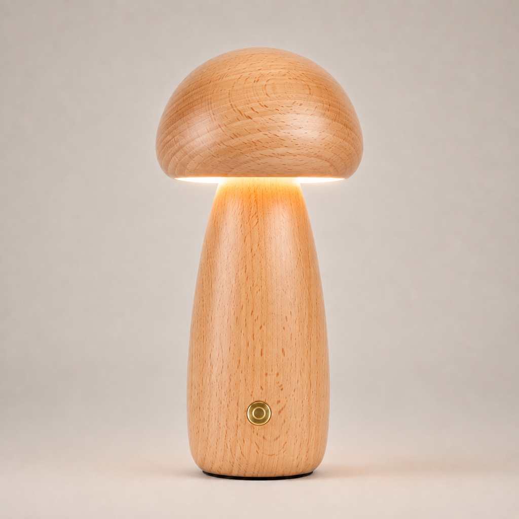 Table Lamp, Sculptural Mushroom Design, Wood And Metal, Dimmable Warm White LED 10